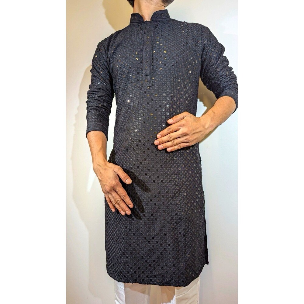 Zorro Men’s Black Chikankari Sequin Embroidered Kurta – Size 44 Designer